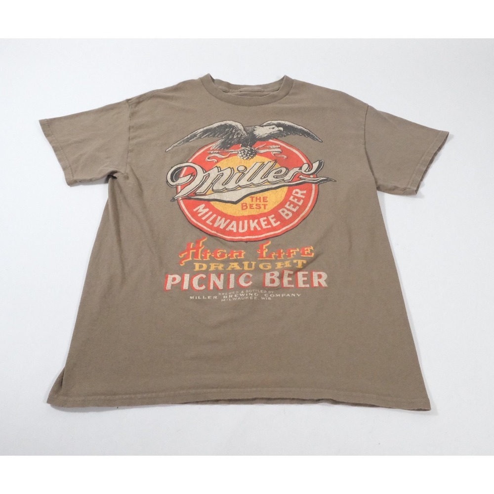 Miller T-Shirt Mens M Brown High Life Picnic Beer Graphic Short Sleeve Cotton